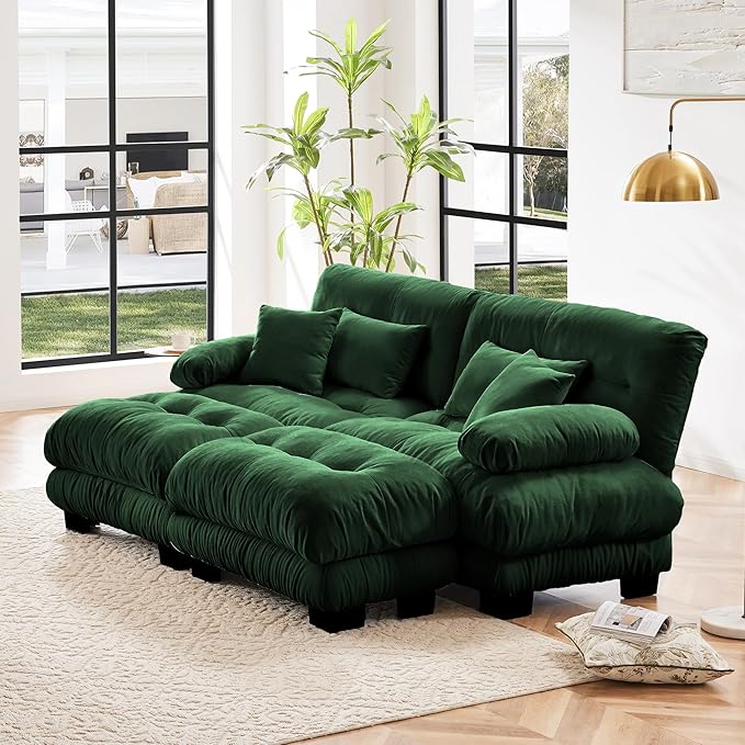 Cloud Sectional Couches for Living Room Modular Sectional Sofa 2 Seater Modern Deep Seat Loveseat Oversized Green Couch with Movable Ottoman Comfy Chenille Loveseat with Pillows