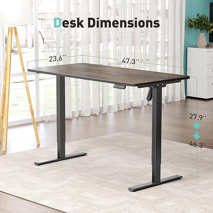 One-Piece Electric Standing Desk 48 x 24 Inch Adjustable Height Sit to Stand Up Desk for Home Office Work &amp Study Black Frame &amp Brown Desktop (2 Packages)