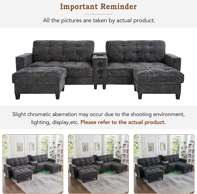 Merax Modern U-Shaped Sectional Sofa with Cupholders Charging Station and Multifunctional Console Chenille Upholstered Modular Couch &amp Movable Storage Ottomans for Living Room Apartment Grey