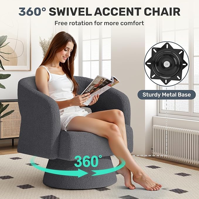 Swivel Accent Chair Modern Comfy Teddy Barrel Chairs Oversized Upholstered Round Arm Chair for Living Room Bedroom Reading Room Dark Grey 1 PCS