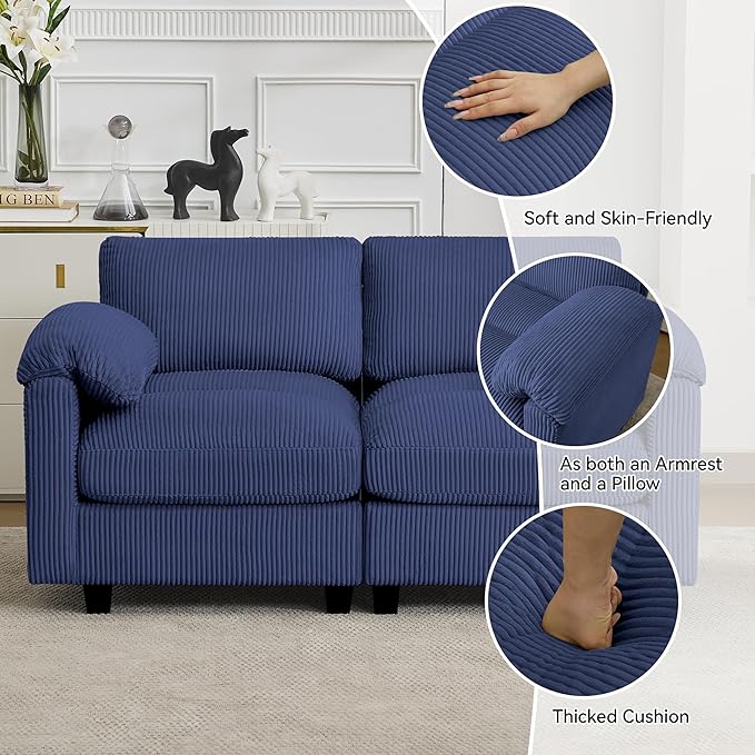 118'' U-Shaped Sectional Couch with 2 Ottoman Oversized Modular Couches for Living Room Corduroy Deep Seat Cloud Sofa with Center Stitched Blue