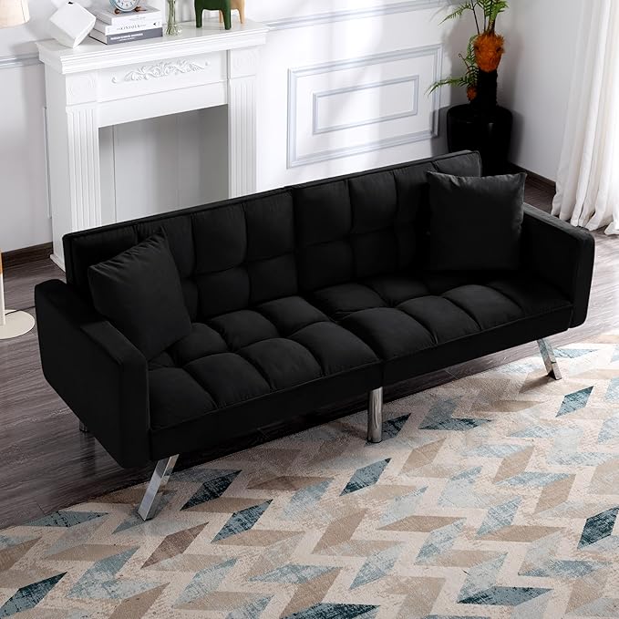 74 Multifuctional Futon Sofa Bed Modern Loveseat fConvertible Sleeper Couch with Adjustable Backrest and Pillows for Living Room (Black