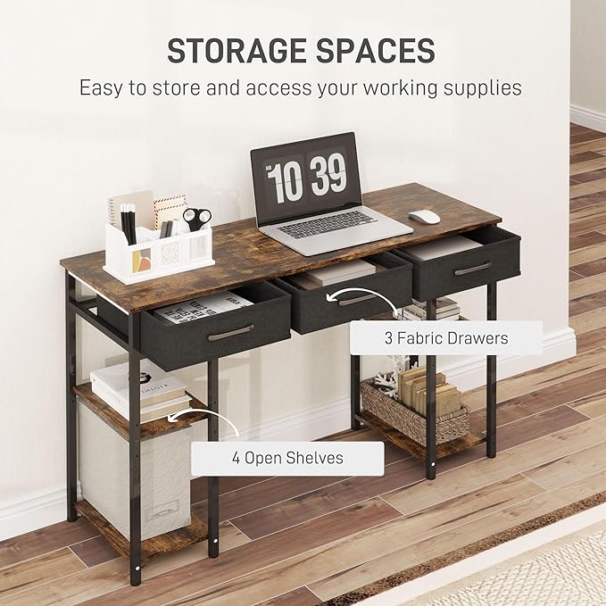 HOMCOM 47 Computer Desk with 3 Fabric Drawers Home Office Desk with Adjustable Shelves Small Writing Desk with Storage Rustic Brown