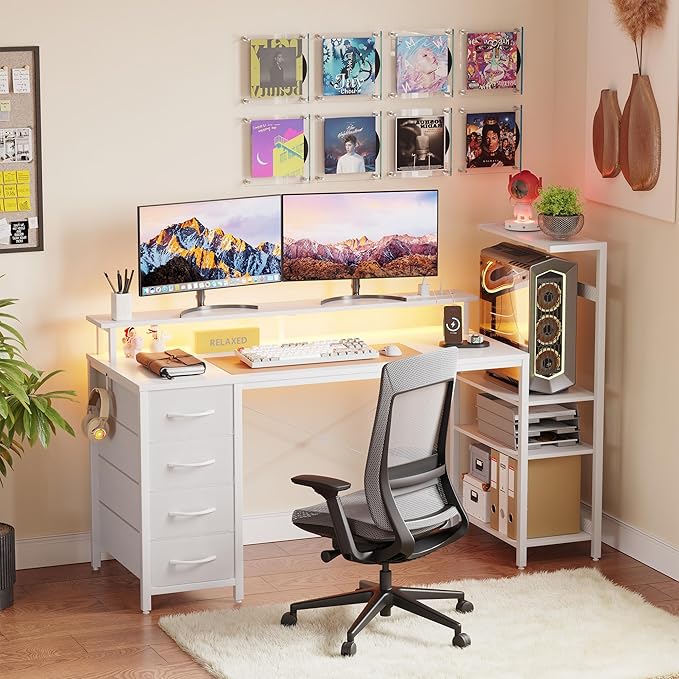 59 Inch Gaming Desk with LED Lights and Power Outlets Computer Desk with Storage Shelves Fabric Drawers Monitor Stand &amp Side Hook Reversible Gamer Table for Home Office Carbon Fiber White