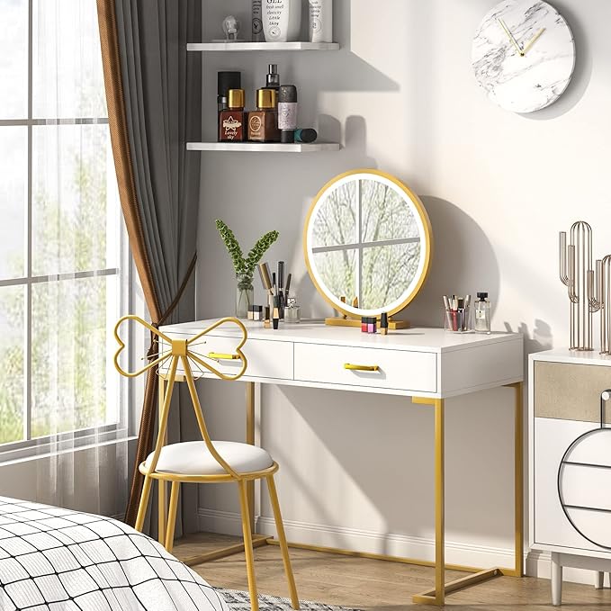 Modern Computer Desk/Writing with 2 Drawers for Bedroom Home Office Gold White Contemporary Rectangular Metal Wood Matte