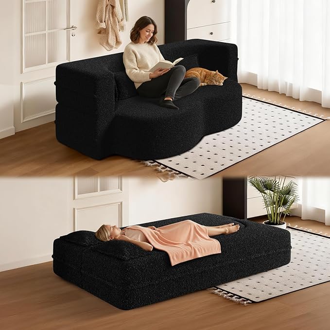 Folding Sofa Bed15 Full Size Boneless Couch for Living Room Teddy Fabric Foam-Filled Convertible Loveseat Sleeper Sofa Bed (Black-Teddy)