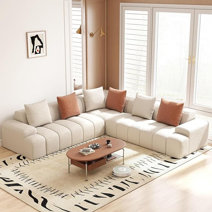 Cloud Modular Sectional Sofa Couch 108 V Shaped Chenille Fabric Memory Foam Sofa 5-Seater Couches with 6 Pillows for Living RoomApartmentBeige