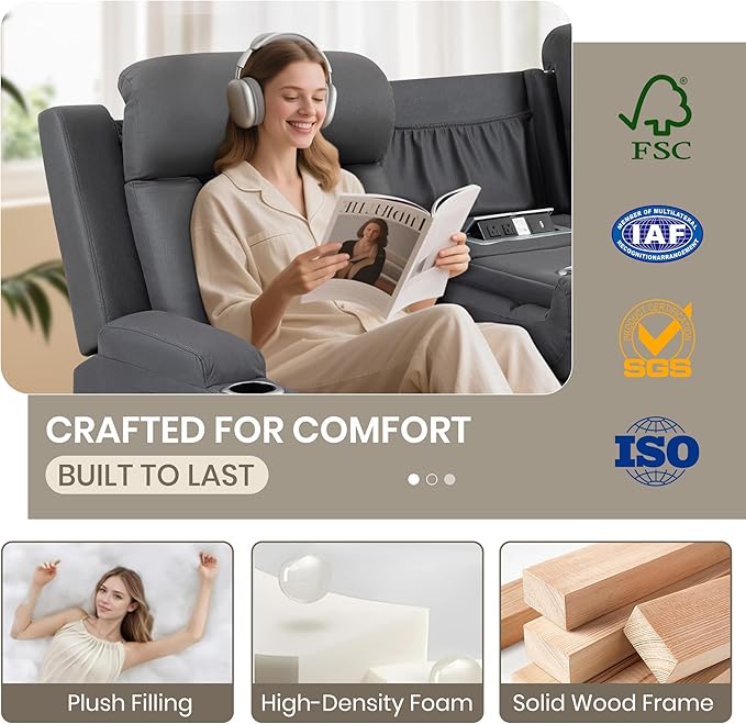 Wall Hugger Power Reclining Sofa with Manual Adjustable Headrests Electric Recliner Couch with Drop-Down Table Power Recliner Sofa 3-Seater with Charging Ports for Living Room (Grey)
