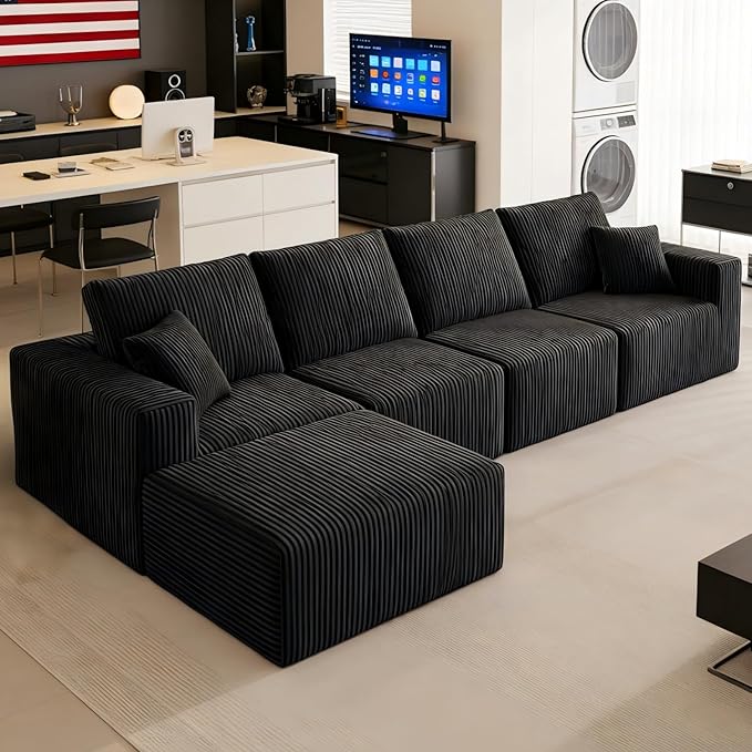 140 L Shaped Modular sectional couches SofaCorduroy Boneless Couches with Deep Seat and Movable OttomanComfy Cloud Sofa for Living Room BedroomNo Assembly (5 Seater Left Black)