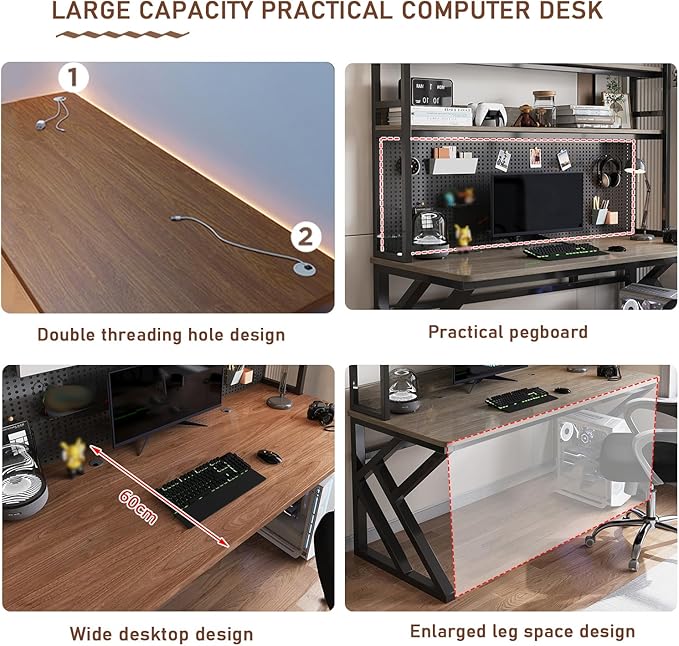63.0in Computer Desk with Pegboard Gaming Desk with Storage Shelves PC Gamer Workstation Desk Modern Study Writing Table for Home Office Bedroom (Black 63.0in/160cm)