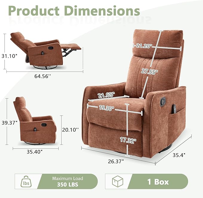 cinkehome Heated Massage Swivel Rocker Recliner Chair for Nursery - Small Space Reclining Chair with Lumbar Support 360° Swivel &amp Gentle Rocking Ergonomic High Back Orange Chenille