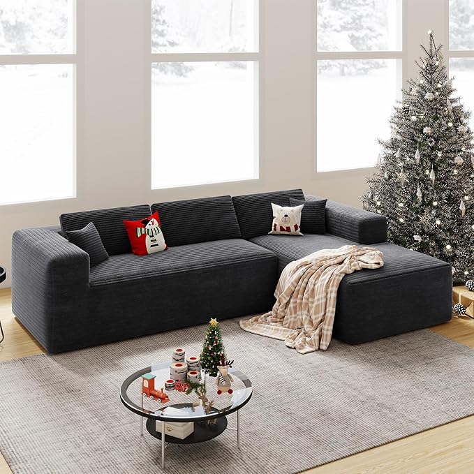 108” Boneless Couches for Living Room L-Shape Modular Sectional Sofa Couches High Rebound Sponge Comfy Fluffy Corduroy Cloud Couch with Oversized Chaise and Deep Seat (Charcoal Black)
