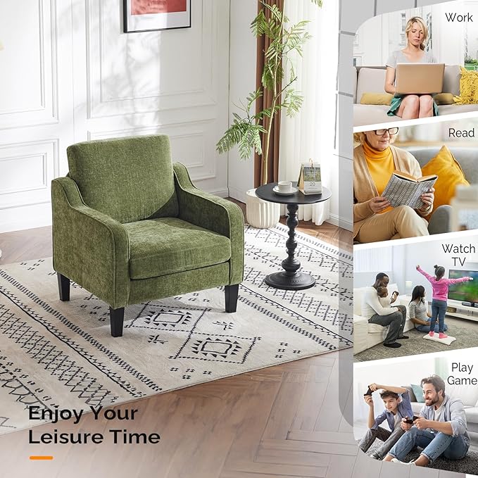 VINGLI Chair Olive Green Upholstered Chenille Accent Chair for Living Room Bedroom Mid-Century Modern Arm Chair Comfy Reading Chair with Scooped Arms