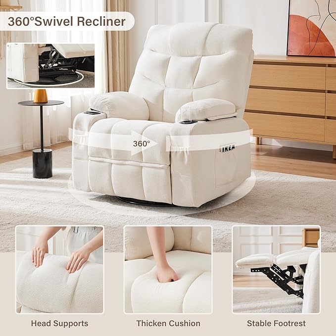360°Swivel Rocker Recliner ChairRocking Recliner Chair with Adjustable Backrest for AdultsUpholstered Fabric Rocking Chair Swivel for BedroomLiving RoomWhite