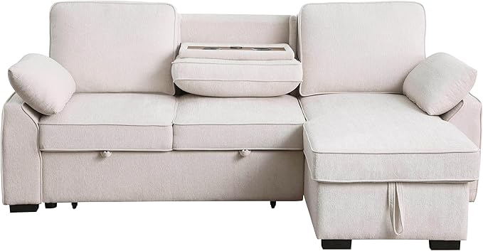 ERYE L-Shaped Pull Out Sleeper Couch Bed Modern Chenille Upholstered Button Tufted Corner Couch Reversible Sectional Sleeper Sofa Bed W/Storage Chaise Cup Holders