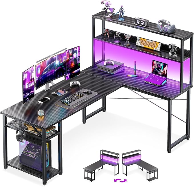 ODK 61 L Shaped Gaming Desk with Hutch &amp Headphone Hook Corner Computer Table with Storage Shelves for Home Office Black