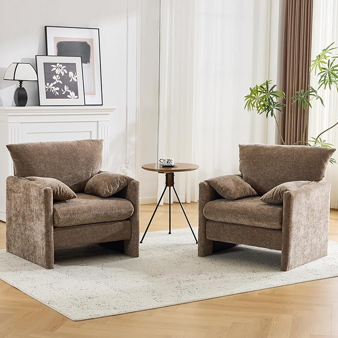 Chenille Oversized Armchair Pillows-top Armrests Accent Chair for Bedroom Living Room Upholstered Chair Sofa Couch Comfy Modern Armchair Single Sofa Chair (Brown 1 Pack)