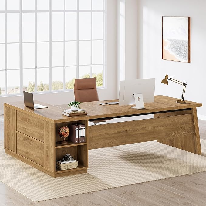 Tribesigns 78 L Shaped Desk with Drawers Large Executive Office Desk with File Cabinet and Shelves Modern Corner Computer Table Business Furniture for Home Office Brown