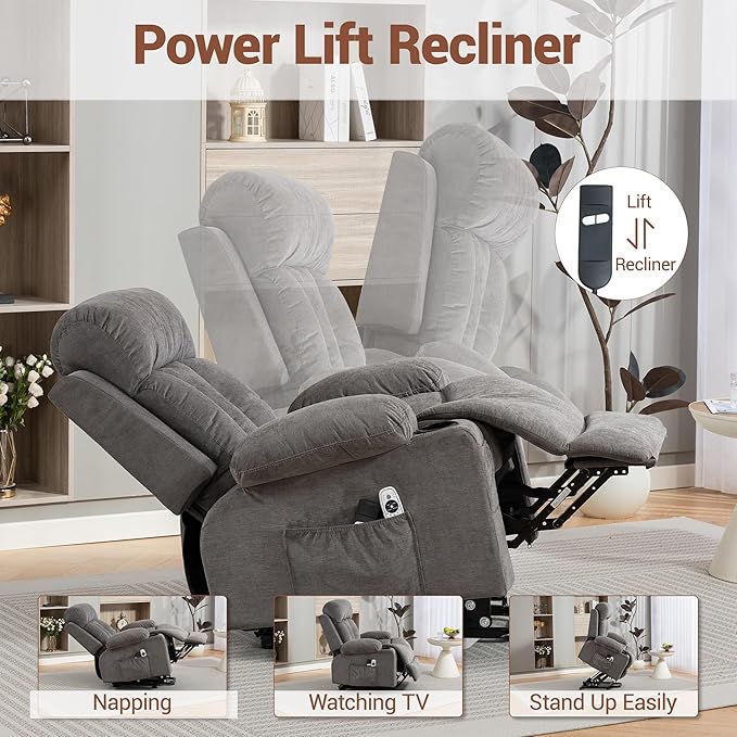 Power Lift Recliner Massage Chair - for Elderly People w/Vibration Massage and Lumbar Heat Recliner Chair Sofa for Adult w/Cup Holder USB Charge Port for Living Room Bedroom Grey