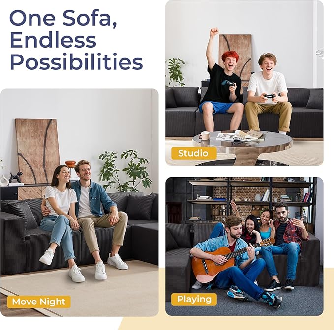 104 Corduroy Modular Sectional Viral Cloud Couch with ChaiseCloud Sectional L-ShapedSofa Bed for Living RoomMemory Foam Compressed Boneless Couches in a BoxNo Assembly RequiredBlack