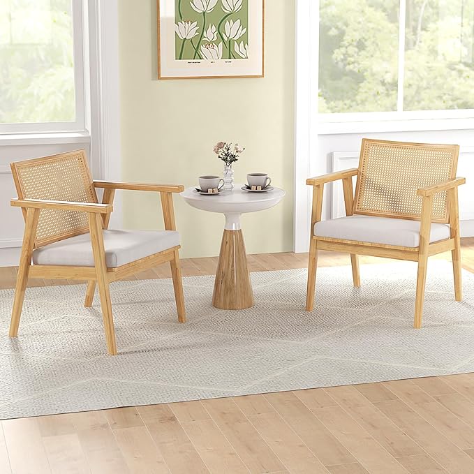 GOFLAME Rattan Accent Chairs Set of 4 Comfy Mid-Century Modern Cane Lounge Armchairs with Rattan Back &amp Removable Seat Cushion Reading Chairs with Solid Rubber Wood Frame for Living Room Bedroo
