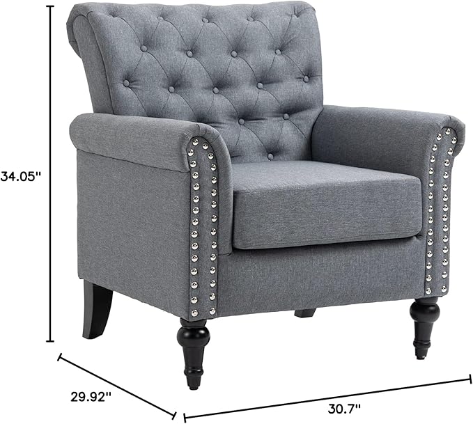 Mid Century Modern Accent Chair Linen Armchair wTufted BackWood Legs Upholstered Lounge Arm Chair Single Sofa for Living Room Bedroom Gray