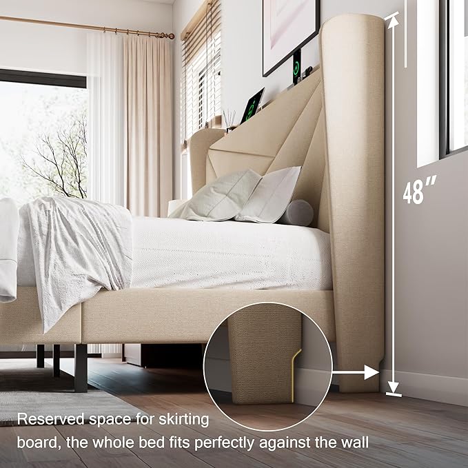 Full Size Upholstered Bed Frame with Charging Station Platform Bed Frame with Storage Headboard Solid Wood Slats Support No Box Spring Needed Beige
