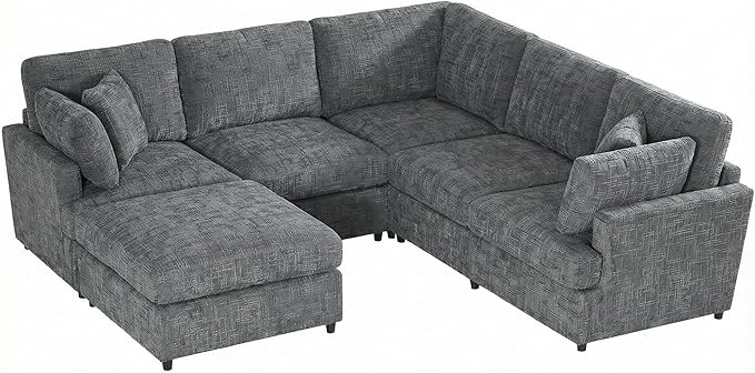 ERYE 122-Inch Modern Corner Modular Sectional Sofa Couches with Ottoman and 4 Toss Pillows Comfy Chenille Upholstered U-Shaped Sofa Convertible L-Shaped Symmetrical Couch