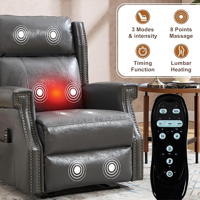 Manual Recliner Chair Faux Leather Push Back Recliners with Vibration Massage Lumbar Heat Living Room Single Sofa Reclining Rivet Design Chair Gray