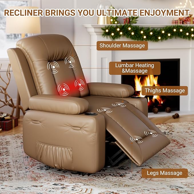 Power Lift Recliner with Heat and Massage – Adjustable Reclining Chair for Elderly with Cup Holders Side Pockets and USB Port for Living Room 22 Seat Earthy Yellow