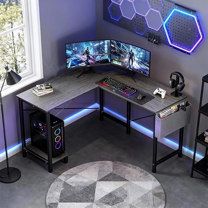 Alpen Gaming Desk Home Office L Shaped Desk Small Computer Corner PC Table with Side Bag and Reversible Shelf Sturdy Writing Workstation for Bedroom Living Room Grey