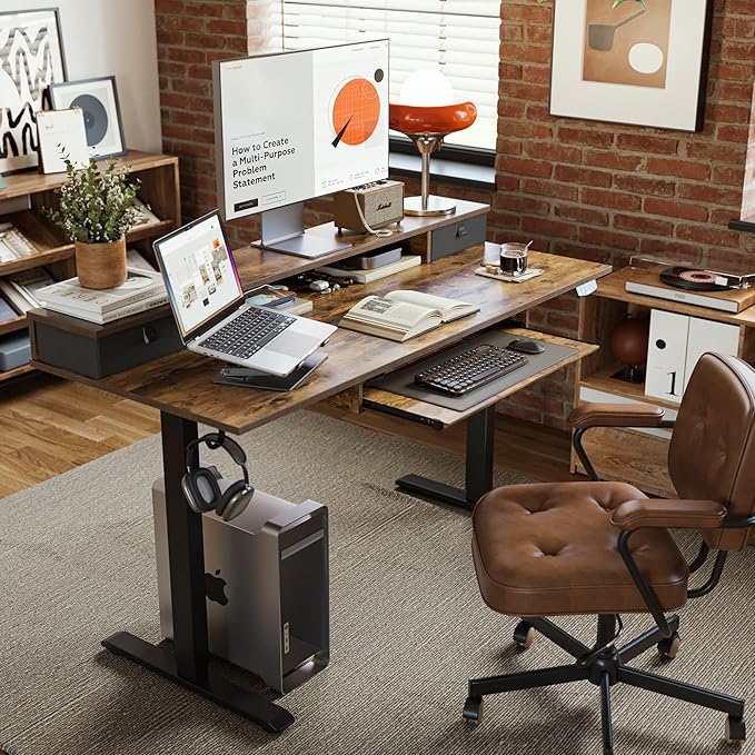 Agilestic Electric Standing Desk with 2 Drawers and Keyboard Tray 63 x 24 Inches Ergonomic Adjustable Height Desk with Storage Sit Stand up Computer Workstation Rustic Brown