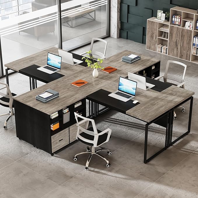 Tribesigns L-Shaped Executive Desk with Reversible File Cabinet 63 Office Desk with Storage Drawers L-Shaped Computer Desk with Drawer Cabinet for Hanging Letter Size Files (Gray &amp Black)