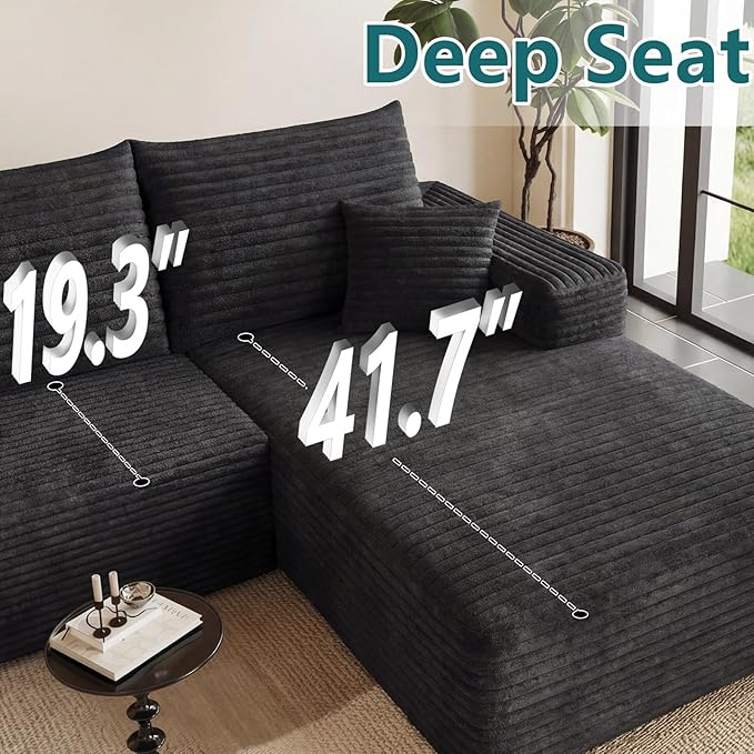 95 Modular Sectional Couch Boneless L Shaped Cloud Sofa with Chaise Lounge Corduroy Upholstered Couches Memory Foam Deep Seat No Assembly Required Ideal for Living Room(Black Right Facing)