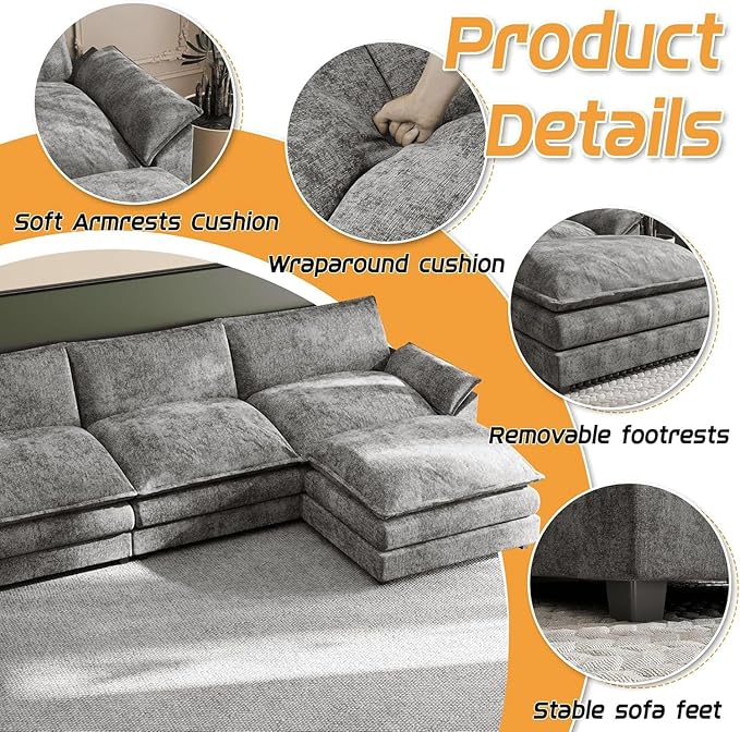 Shahoo Sectional Modular Sofa U Shaped Chenille Fabric Couch with High Supportive &amp Soft Sponges and Removable Ottoman Sleeper Comfy Upholstered Furniture for Living Room Dark Grey