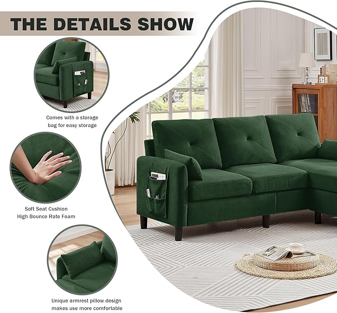 77 Convertible Sectional Sofa 3-Seat L Shaped Couch with Ottoman Modern Linen Upholstered Sofa Couches for Living Room Apartment and Small Spaces Green