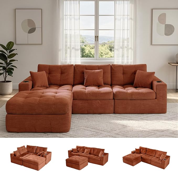 113 Modular Sectional Sofa for Living Room Convertible L-Shape Couch with OttomanCloud Boneless Couch with Layered CushionReddish Brown Corduroy
