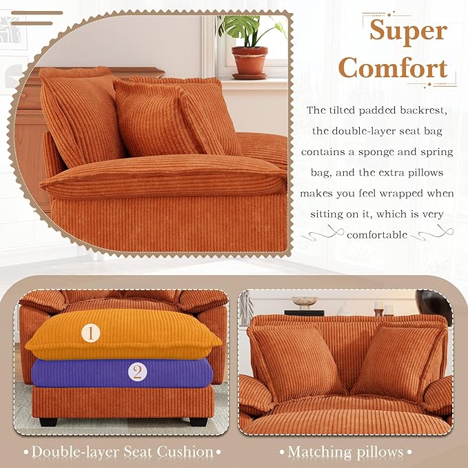 48 W Oversized Chaise Lounge Chair Indoor with Ottoman Upholstered Cloud Accent Chair with Extra Wide Armrests Comfy Green Corduroy Sleeper Chair for Living Room Bedroom Reading (Orange)