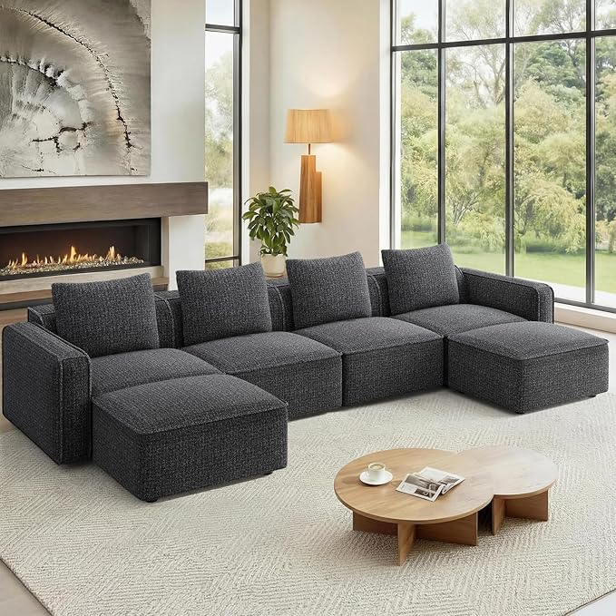 132 Sectional Couch Locked-in Modular Sectional Sofa Wood Frame Couches for Living Room 22 Deep Seat U Shaped Couch with Ottoman Chenille Cloud Sofa Tool-Free Setup Sofas for Living Room