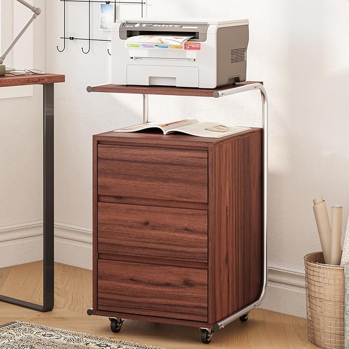JOMEED 3 Drawer File Cabinet with Extended Desktop Lockable Wheels Under/Beside Desk Storage and Organizer Cabinet for Home Office Small Rolling File Chest Printer Stand Modern Style Walnut Large