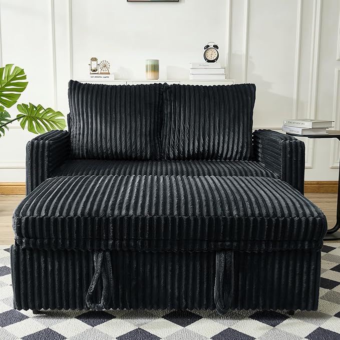 Antetek Pull Out Sofa Bed Futon Convertible Modern Corduroy Loveseat Chaise Lounge Sofa Couch with USB Charging Ports &amp Cup Holders for Guest Room Living Room Bedroom Adjustable Backrest Black