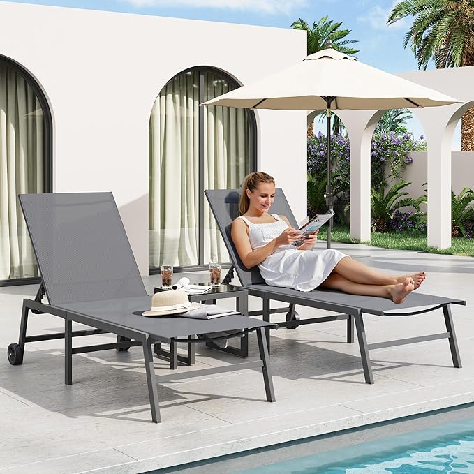 Amopatio 3 Piece Patio Lounge Chairs Set 2 Pool Chaise Lounges with Wheels and 1 Side Table 5-Position Adjustable Lounge Furniture with Heavy-Duty Steel for Backyard Poolside400 LBS CapacityGray