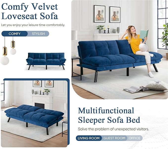 Convertible Velvet Futon Sofa Bed Comfy 72 L Sleeper Couch with Thicker Cushion Upholstered Modern Reclining Loveseat Folding Sofa for Small Living Room Dorm Apartment Office Navy