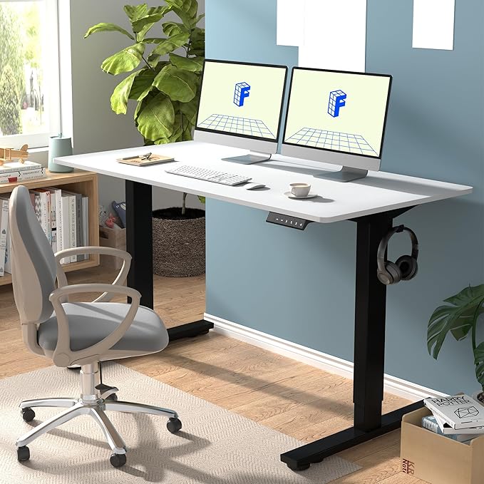 FLEXISPOT EN1 One-Piece Standing Desk with 1-Inch Thick Desktop 55x28 Electric Height Adjustable Desk for Home Office &amp Multi-Device Workstations White