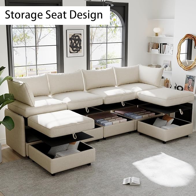 129” Modular Sectional Sofa Convertible 6 Person U Shaped Couch with Storage 2 Removable Ottomans &amp Deep Seats Memory Foam Comfy Modular Couch for Living Room (Beige 6 Seat)