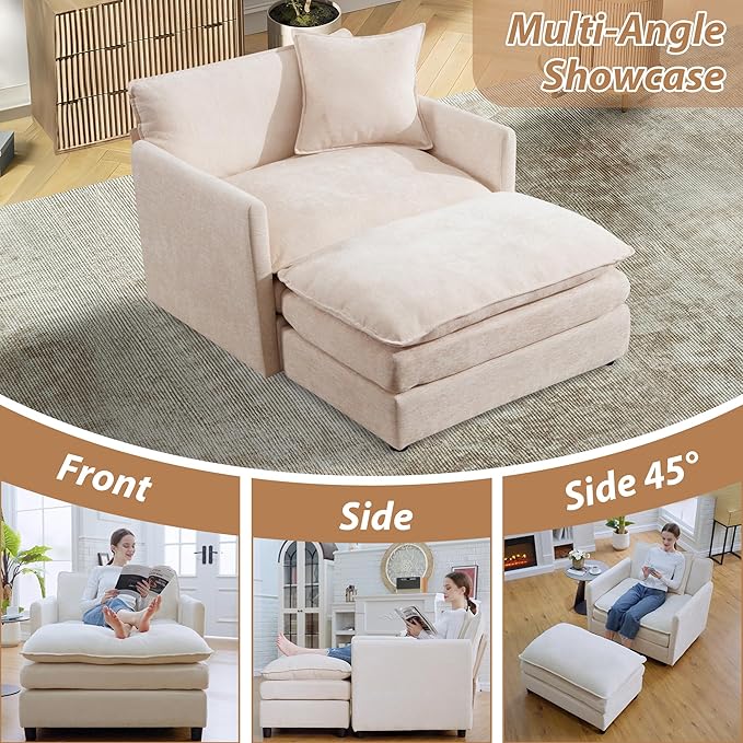 TTK Oversized Chaise Lounge Chair with Ottoman - 39.17 Wide Modern Sleeper Sofa for Living Room Bedroom &amp Office - Deep Seat Sectional Couch with Pillow Comfortable Reading Chair (Beige 39.17