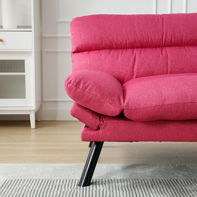 Convertible Futon Sofa Bed Linen Folding Loveseat Couch with Adjustable Backrest and Wooden LegsDouble Sleeper Sofa Couches for Small Spaces Living Rooms Apartment Office (Rose Red)