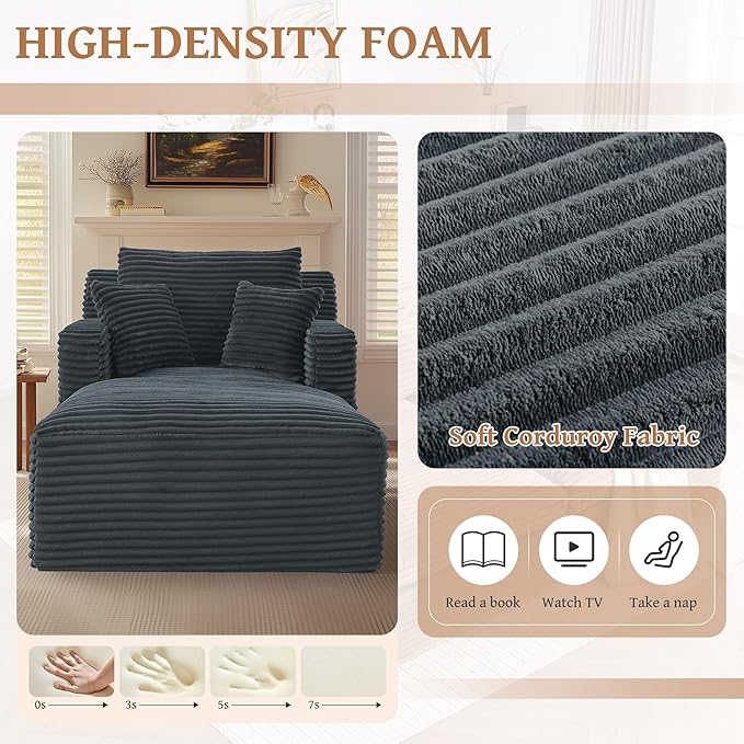 Oversized Chaise Lounge Chair Indoor Modern Corduroy Lounge Couch Comfy Upholstered Sleeper Sofa with Throw Pillows Fluffy Reading Chair Bed for Living Room Drak Gray