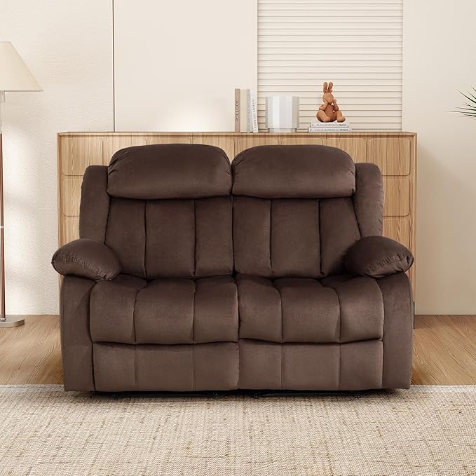 INZOY Manual Loveseat Recliner Sofa with Padded Armrest Wall-Hugger 2 Seat Reclining Love Seat Couches with Overstuffed Back Double Seater Reclining Chair for Living Room Theater Seating Brown