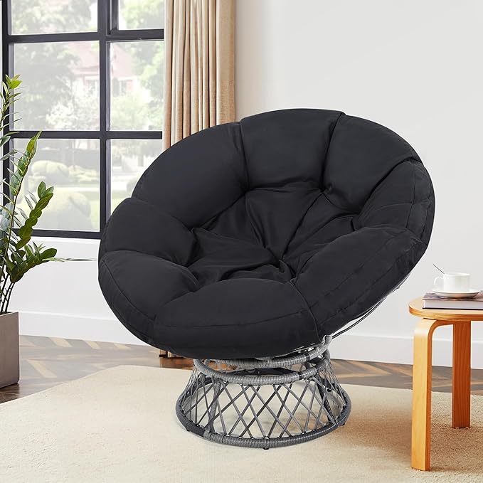 46 Giant Oversized Rattan Papasan Chair with Cushion and Frame for Adults Fluid 360° Swivel Waterproof Grey Frame with Black Cushion